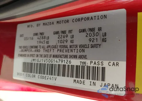 2016 Mazda Mazda6 I Touring z USA, uszkodzony, nr VIN JM1GJ1V50G1479126